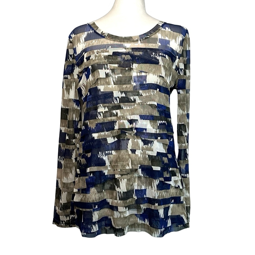Tribal Women’s Crew Neck Print Ruffle Semi Sheer Pullover Shirt Top Size Large